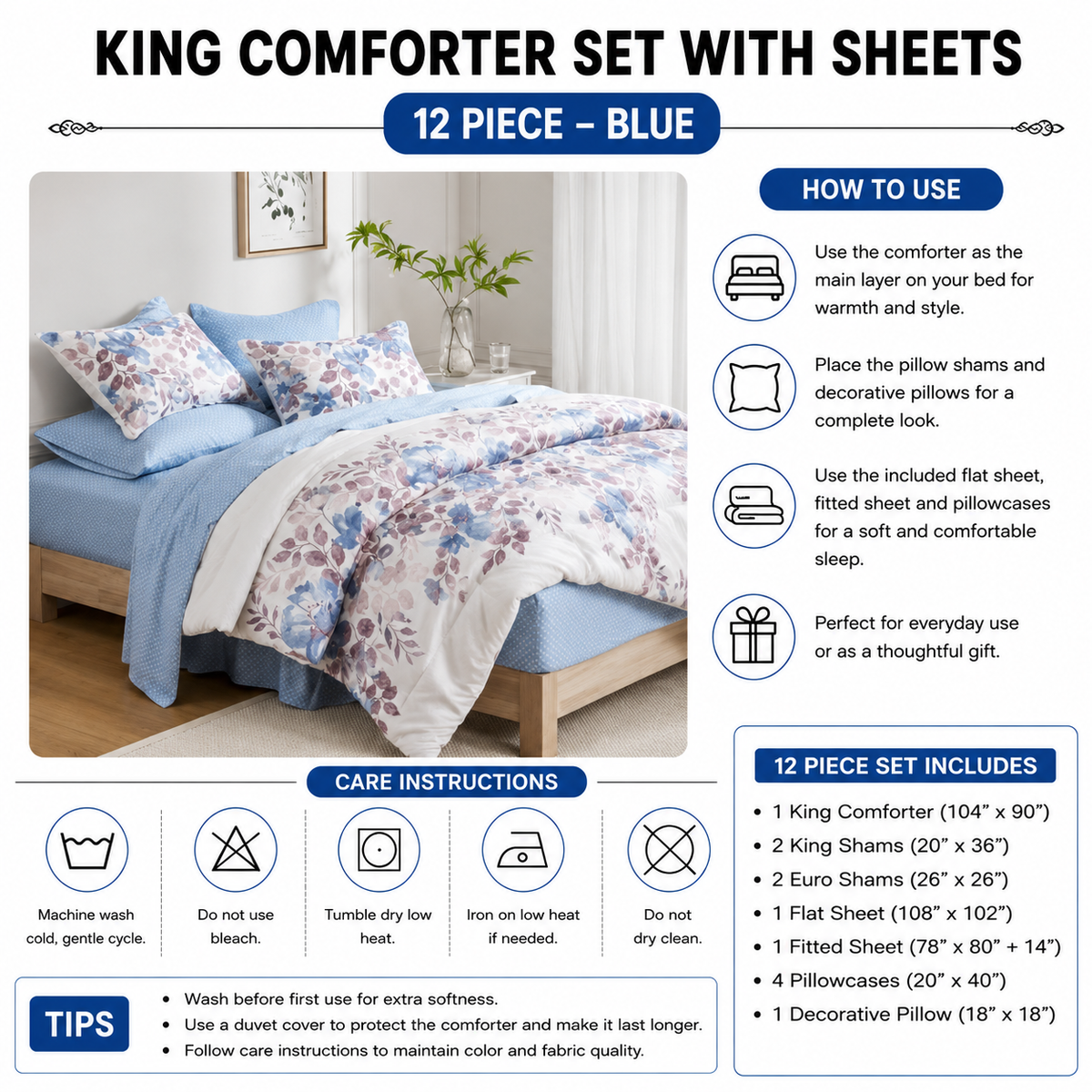 Floral Comforter Set Queen Blue with Sheets | Velvettrenchvibes