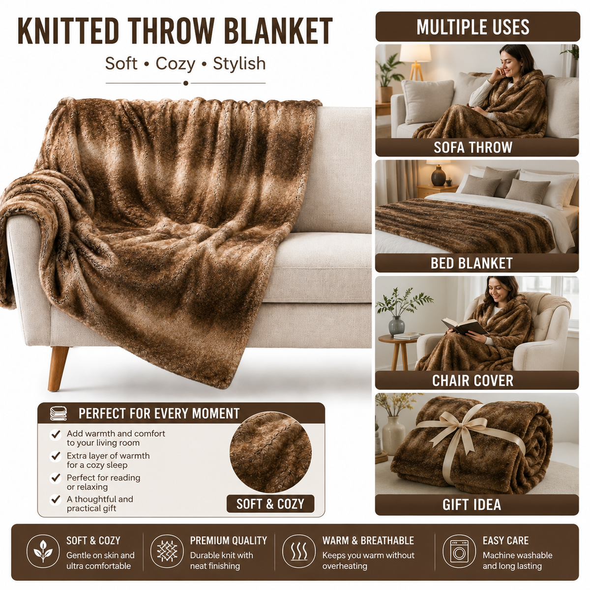 Brown Faux Fur Throw Blanket 50 x 60 Inch | Velvettrenchvibes