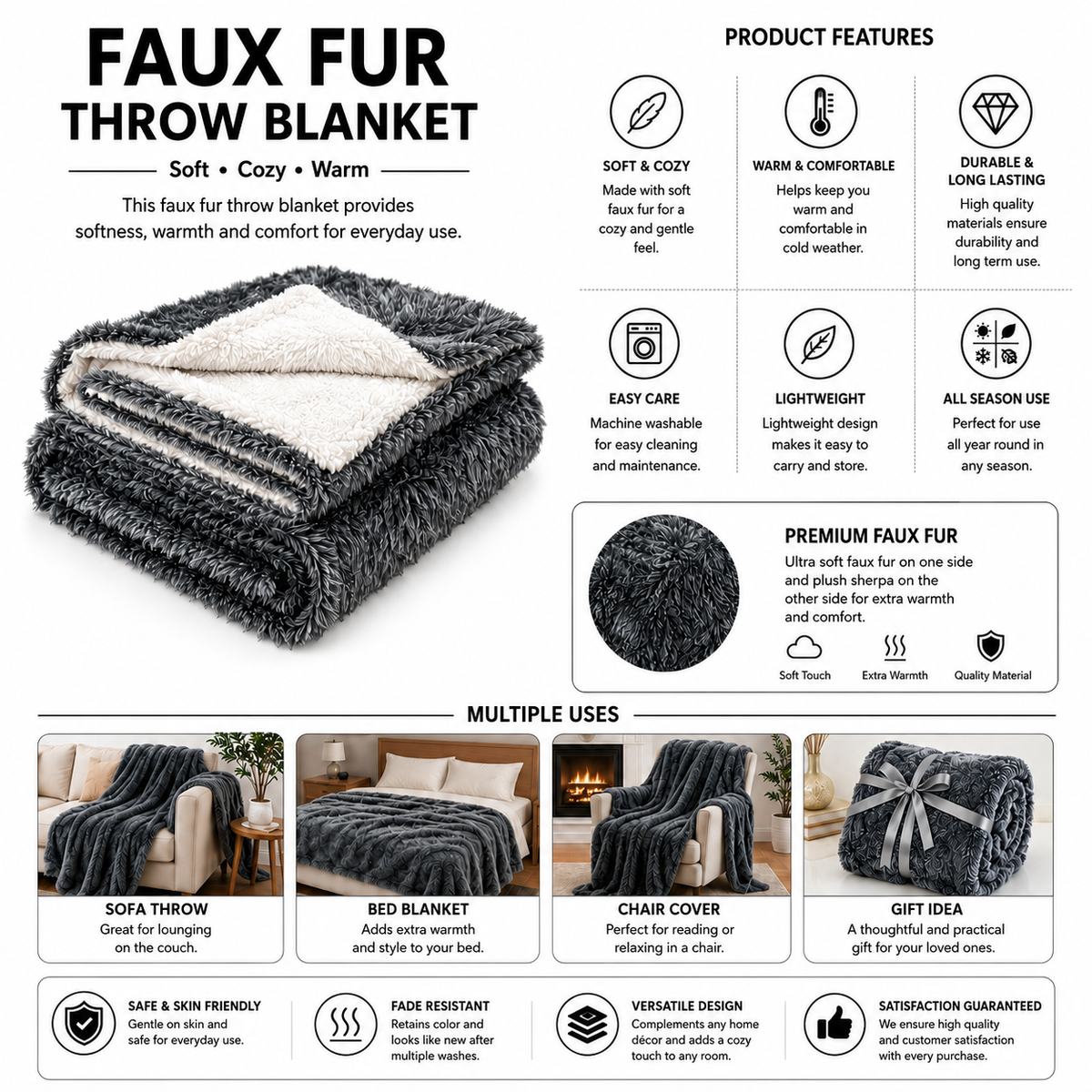 Faux Fur Throw Blanket 60 x 80 Gray 740GSM | Velvettrenchvibes